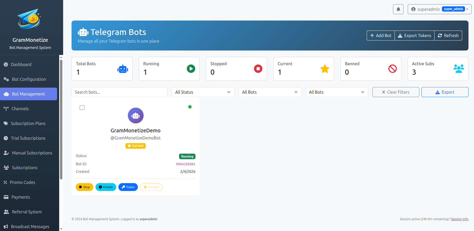 GramMonetize Bot Management Interface