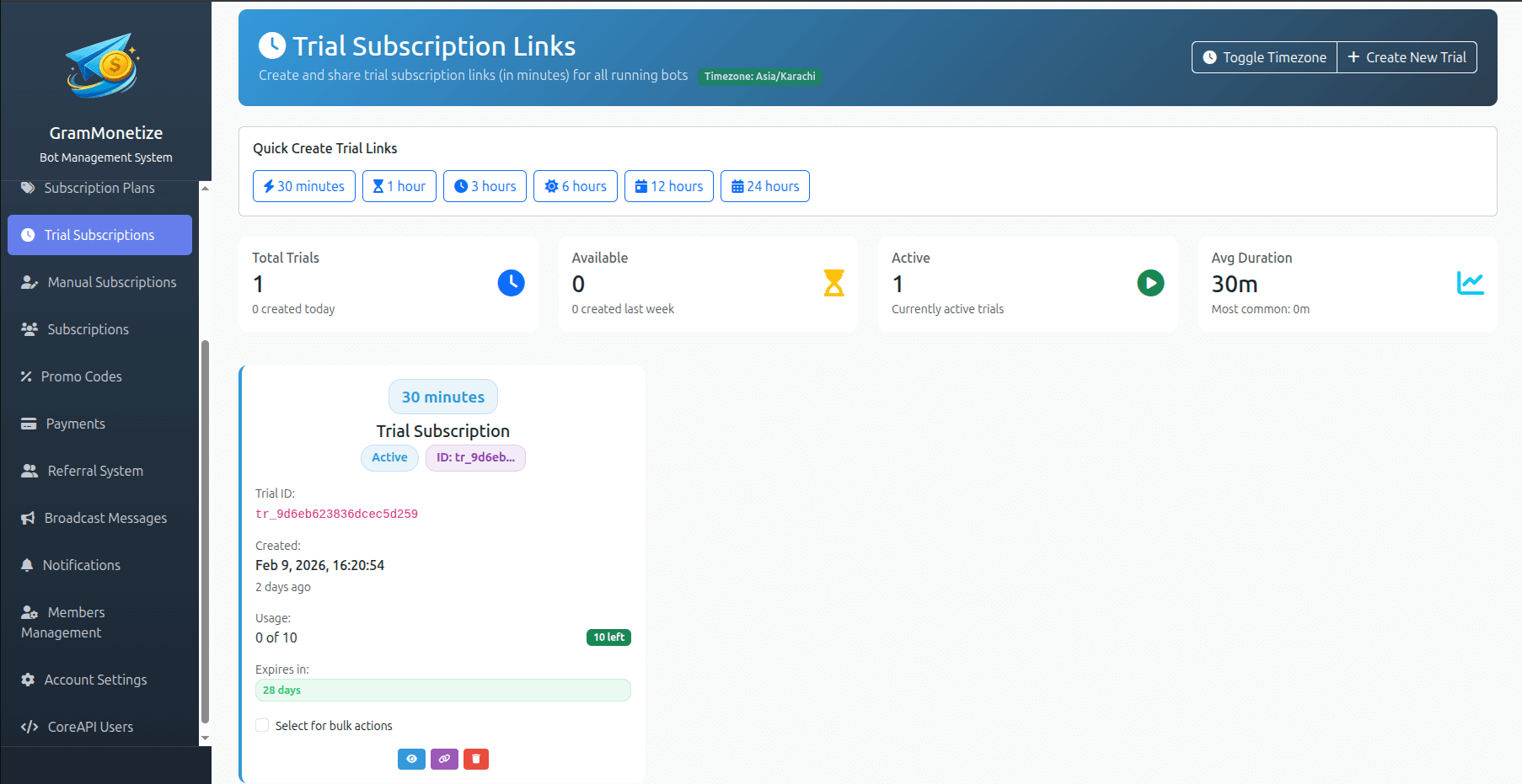 Trial Subscription Dashboard showing active trial links, usage metrics, and conversion tracking